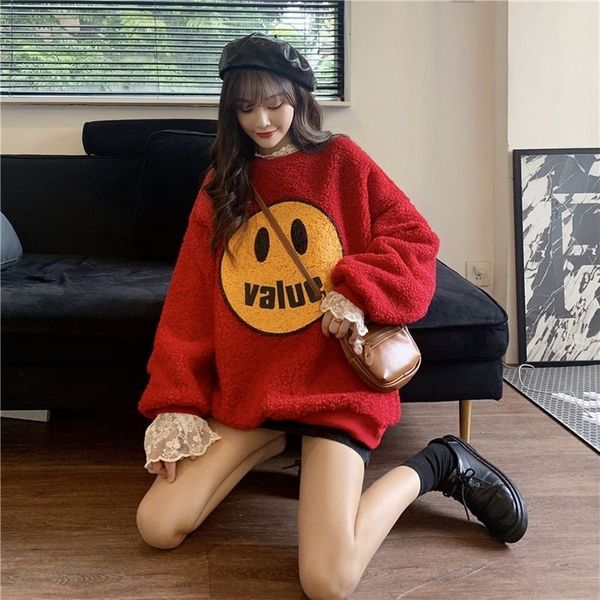 

2021 new winter casual fake lambswool oversized sweatshirt o neck kawaii sweatshirts women 479d, Black
