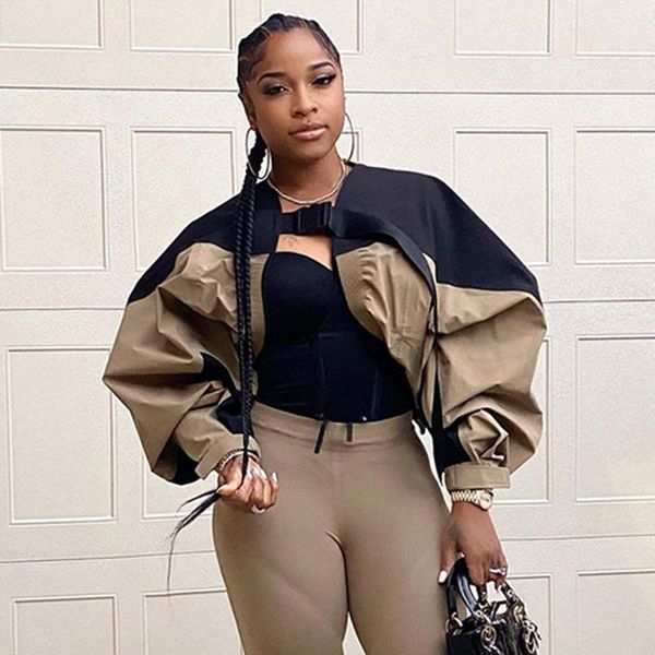 

women's jackets women patchwork cropped baseball jacket for 2021 autumn lantern sleeve loose short bomber streetwear, Black;brown