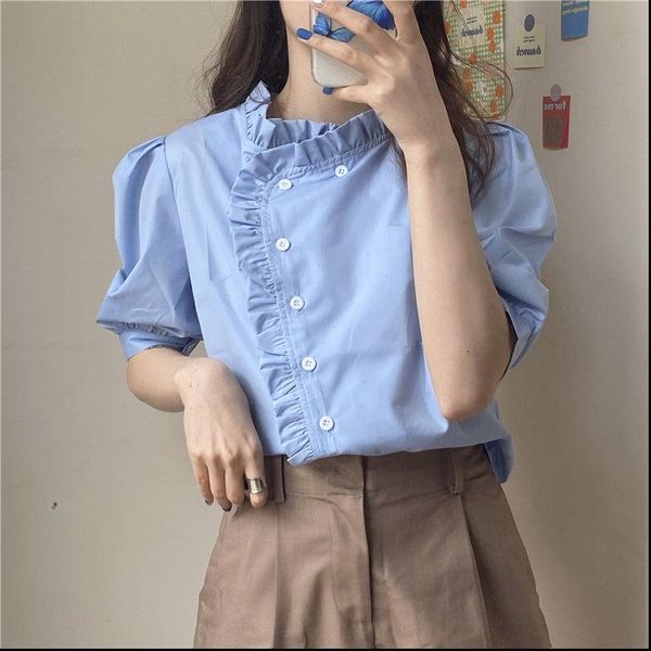 

chic solid puff sleeves loose short sleeve gentle 2021 summer leisure new arrival all match ol casual shirts, White