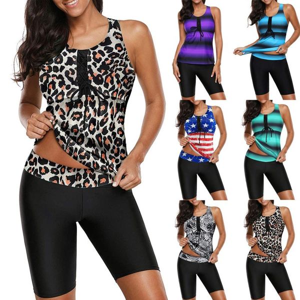 

women's swimwear women plus size 5xl tankini set push-up striped print two piece swimsuit conservative summer beach shorts, White;black