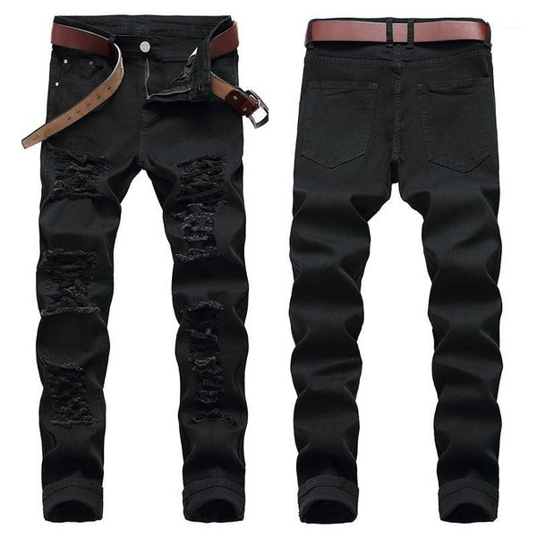 

men's jeans straight leg skinny ripped black blue trousers motorcycle