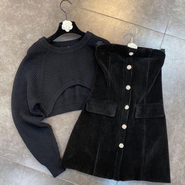 

women's tracksuits deat 2021 autumn winter women fashion round neck long sleeve short sweater diamond button dress two piece set rd5421, Gray