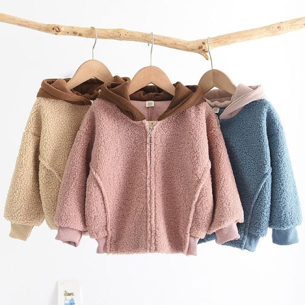 

coat girls' autumn and winter clothing 2021 fashionable stylish children's lamb wool korean style hooded, Blue;gray