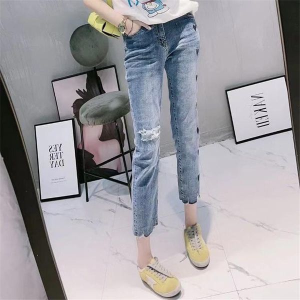 

women's jeans women blue love straight high waist retro ankle-length zipper casual ladies cropped denim embroidery loose pants