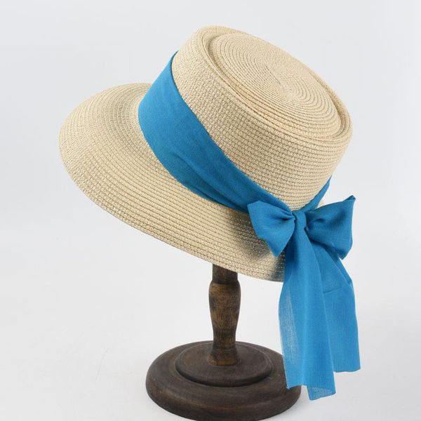 

wide brim hats women flat hat straw summer wide-brimmed boater elegant ladies sun pork pie ribbon fedora chuch, Blue;gray