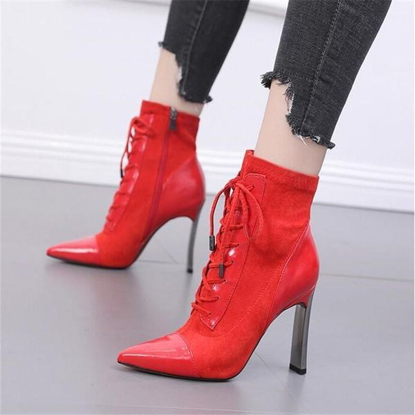 

boots 2021 lace-up personalized heel red ankle women high heels fashion pointed toe ladies shoes women's11, Black