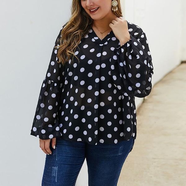 

women and blouses winter warm v-neck plus size long sleeve polka dot print casual clothes blusas mujer de moda 2021, White
