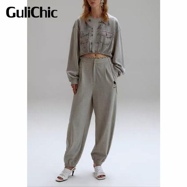 

women's two piece pants 8.9 gulichic women print long sleeve short sweatshirt or loose casual cotton sport set, White