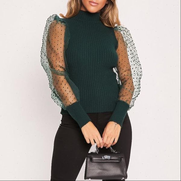 

fashion puff sleeve mesh transparent sleeve pullover blouse shirts autumn women polka dot shirts knitted turtleneck thin sweater, White