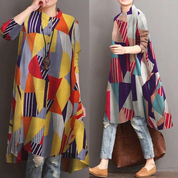 

zanzea autumn printed long womens shirts casual sleeve blusas button asymmetrical tunic, White