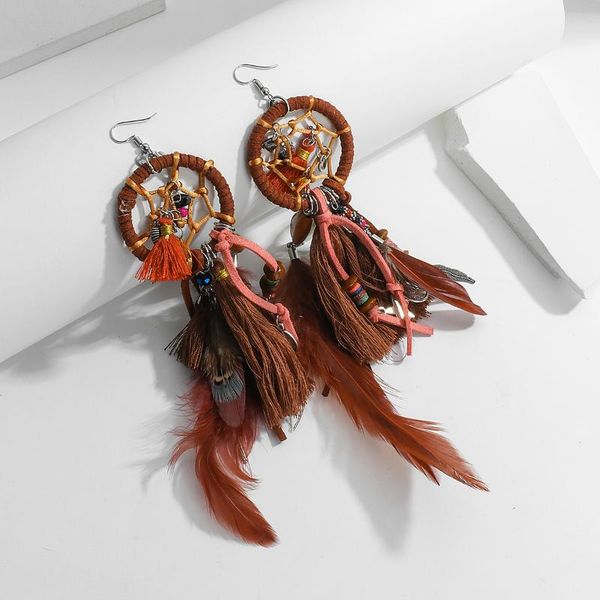 

dangle & chandelier aensoa ethnic tassel feather dreamcatcher long drop earrings for women bohemia retro leaf earring charm jewelry gifts, Silver