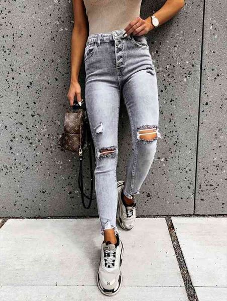 

stylish gray skinny jeans women streetwear high waist ripped holes pencil jeans stretchable female summer women pants, Black;white