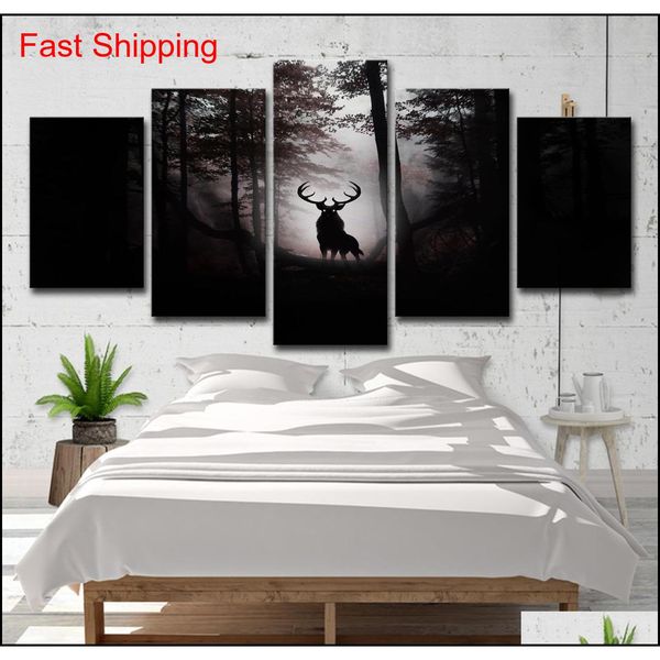 

modern canvas prints pictures home decor living room 5 pieces deer dark forest night paintings w qylfzt tore2010