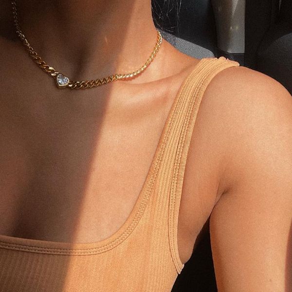 

chains srcoi sparkling clear heart zircon pendant necklace for women vintage fashion love chunky chokers temperament jewelry, Silver