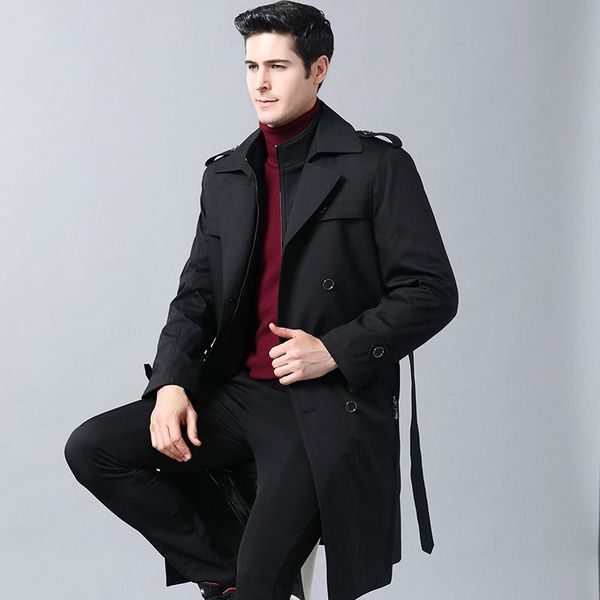 

men's wool & blends autumn men trench windbreaker long solid color jacket with double-breasted buttons lapel collar coat male clothes 2, Black