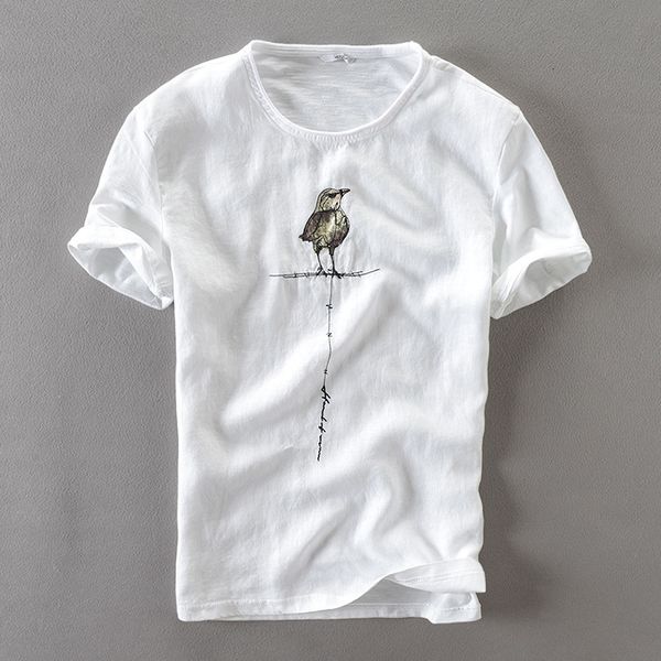 

2021 new summer o-neck white t-shirt flax bird printed embroidery men shirt casual brand mens tshirt cotton fashion t shirts camisa g1ti