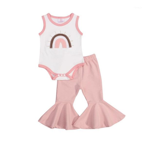 

clothing sets 2pcs summer cotton outfits rainbow embroidery sleeveless bodysuit flared trousers for toddler baby girls 0-24 months, White