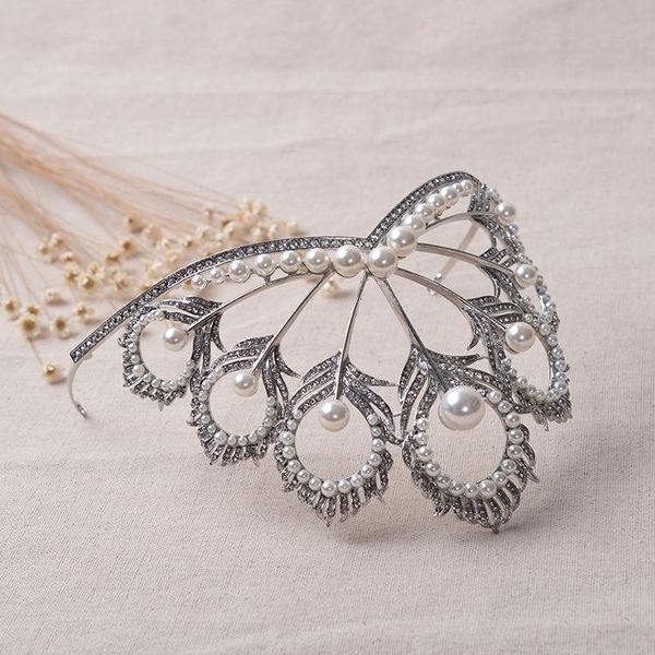 

hair clips & barrettes himstory gorgeous large princess peacock wedding crown bridal feather pearl rhinestones woman party festival hairwear, Golden;silver