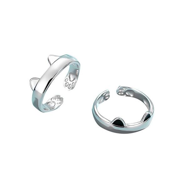 

cluster rings s925 sterling silver open cat ring female cute pet kitten personality ears joyeria fina 925, Golden;silver