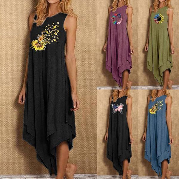 

casual dresses 2021 sleeveless summer dress independence day women's round neck black waist gathering big hem cascading vestidos, Black;gray