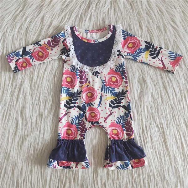 

jumpsuits wholesale baby girl lace long sleeves purple flower navy dots born children fall winter pajamas infant clothes santa romper, Blue