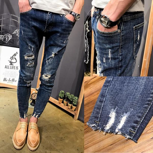 

wholesale teenagers denim beggar women pant slim fit small feet frayed jeans male stretch social spirit guy pencil, Black