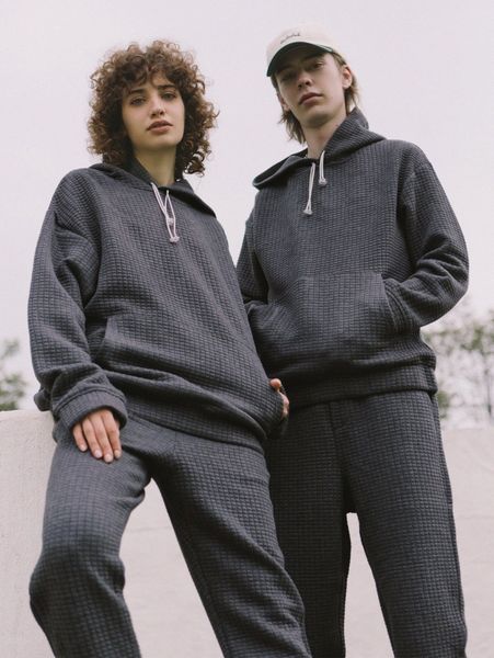 

1pc drop shoulder textured drawstring hoodie f1gd#, Black