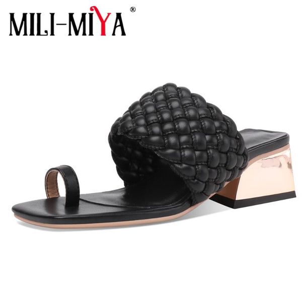

sandals mili-miya pinch square toe thick heels women slippers summer elegant dress shoes ladies outdoor, Black
