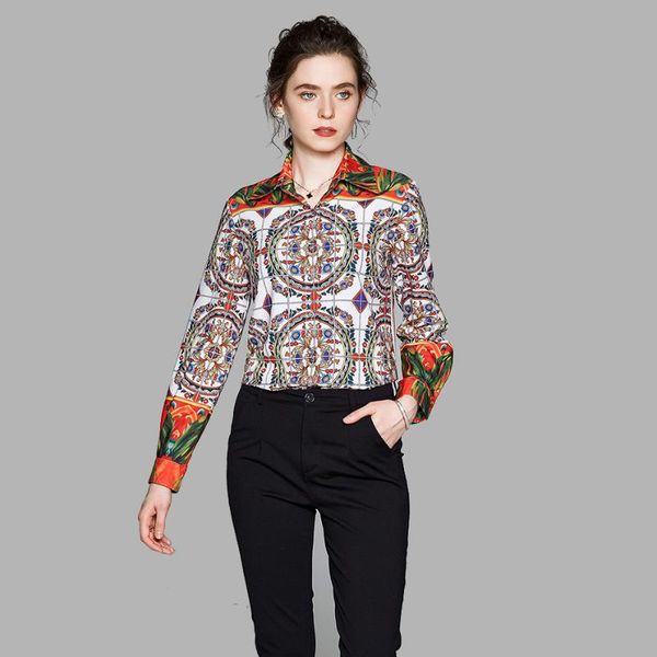 

2021 spring runway fashion women blouses long sleeve vintage print casual shirts elegant lady fashion blusas, White