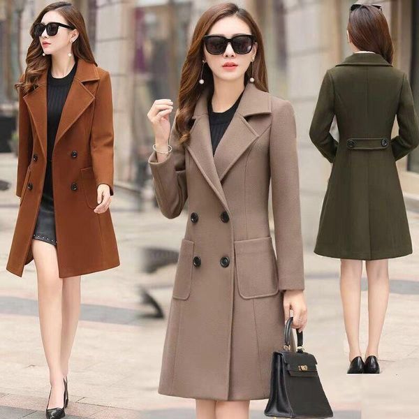 

women's wool & blends 2021 fund woolen loose coat woman waist overknee long section two row buckle woollen overcoat windbreaker, Black