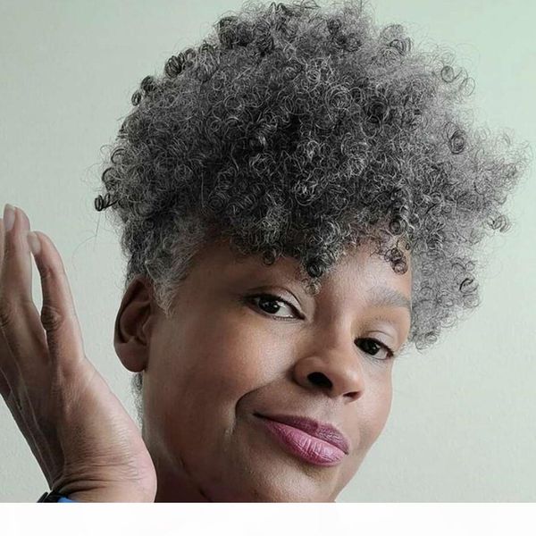 

fashion silver grey human hair ponytail hairpiece wrap around dye natural hightlight salt and pepper gray hair pony tails, Black