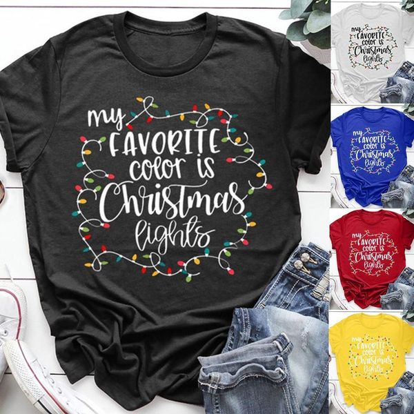 

my favorite color is christmas lights t-shirts letter printed tee shirts women short sleeve o neck plus size s-3xl 12 colors, White