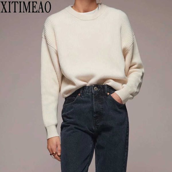 

za autumn winter women o neck loose sweaters pullovers warm minimalist korean solid knit shirt lady chic 210602, White;black