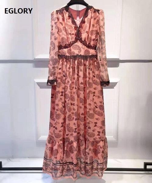 

casual dresses brand long dress 2021 spring summer clothes women v-neck vintage floral print green lace patchwork maxi, Black;gray