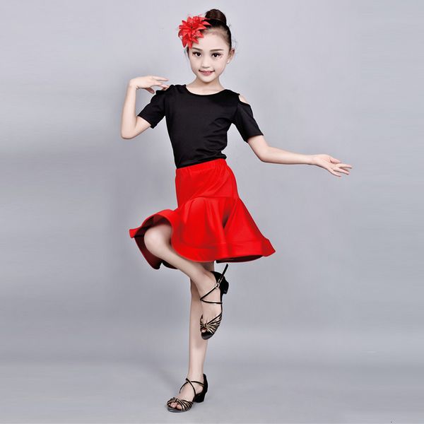 

children lading dance practice clothing girl short sleeve show serve fission match major dance skirt, Black;red