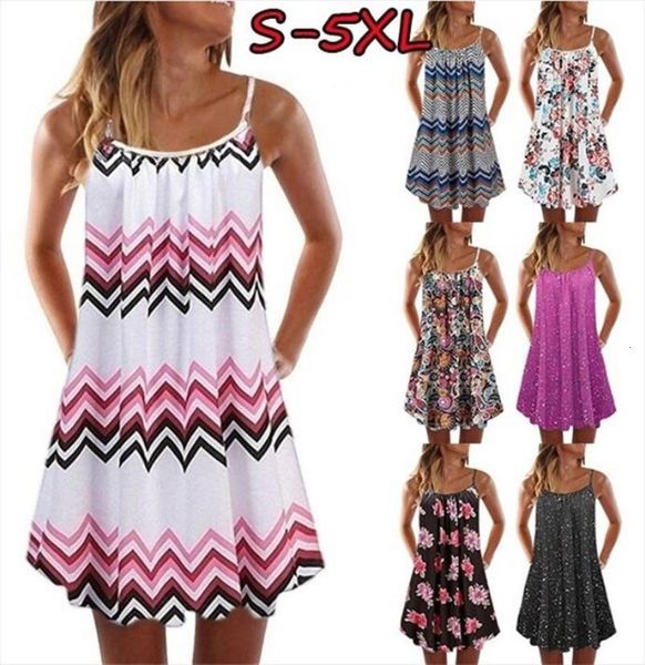 

loose beach summer boho sleeveless women dresses floral printed big swing plus size casual spaghetti strap mini, Black;gray