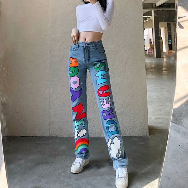 

women's jeans woman long pants cowboy in a straight line casual fashion letter graffiti print jeans 2021 spring female fall loose stree, Blue