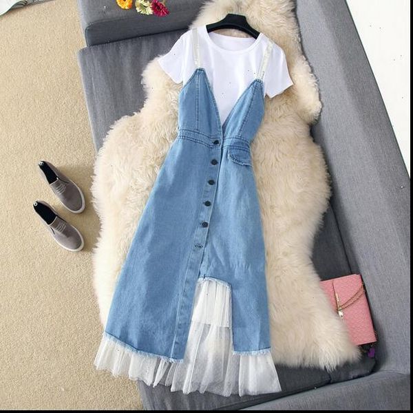 

2021 summer dress suit denim mesh patchwork slim dress office lady work dress robe femme dc852, Black;gray