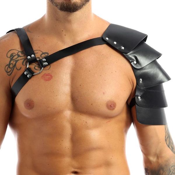 

bras sets fashion clubwear gay men faux leather body chest muscle harness adjustable cage erotic tanks punk shoulder armors arm strap, Red;black