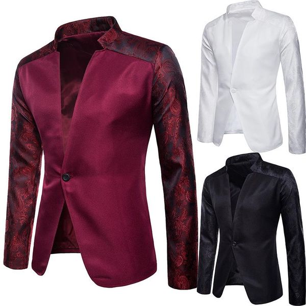 

men's suits & blazers man party dress dance suit coat wine red slim fit printing splice fashion wedding talicoat male singer stage cost, White;black