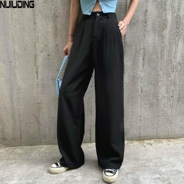 

women's pants & capris women loose straight 2021 spring summer solid casual high waist elegant suit female long trousers mujer pantalon, Black;white