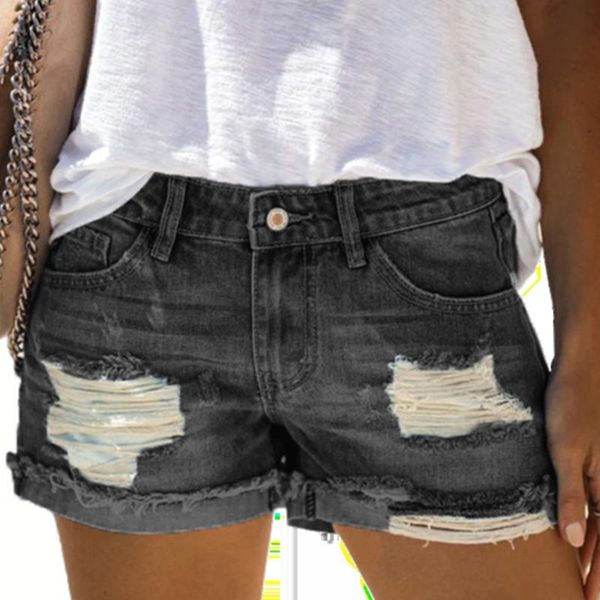 

women's jeans fashion hole denim shorts with tassel women 2021 summer high waisted button zipper pockets female washed vintage slim, Blue