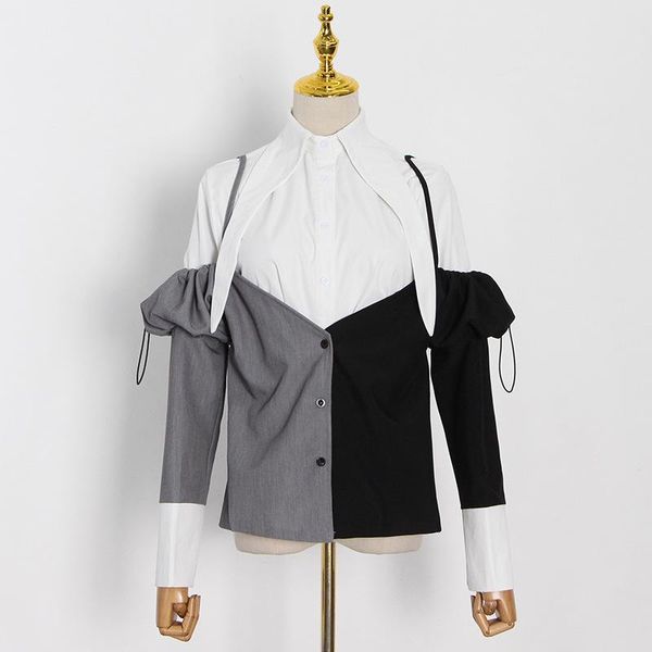 

women's blouses & shirts women shirt spring and autumn fashion temperament casual lapel single breasted design contrast stitching, White