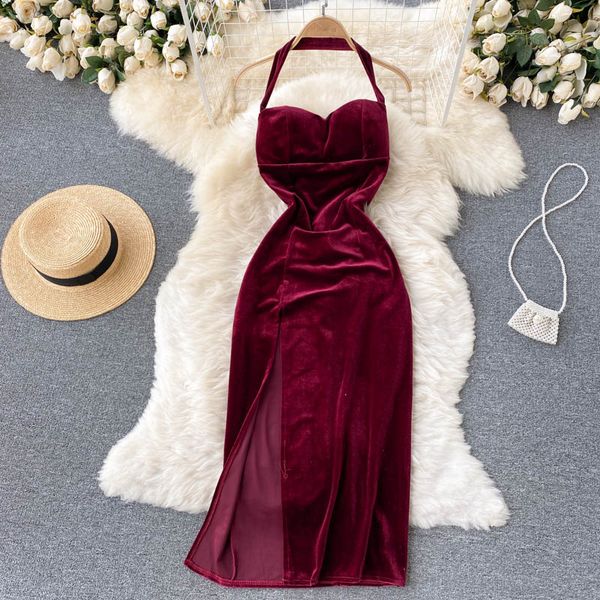 

black/red halter velvet bodycon dress women elegant strapless sleeveless high waist split party robe female vestidos autumn 2022, Black;gray