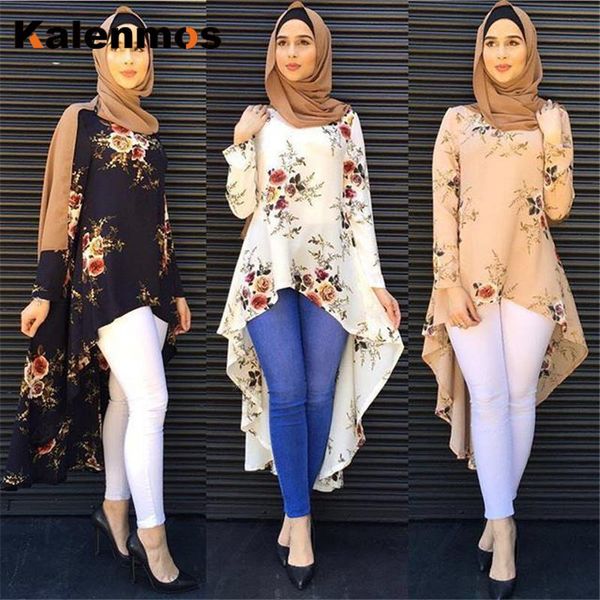 

dubai arab muslim blouse and shirt women print floral asymmetry hem loose hijab islam dovetail blouses islamic ropa, White