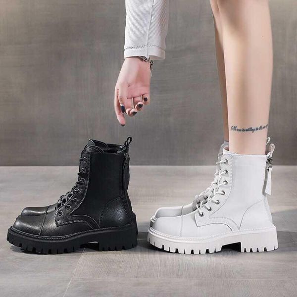 

boots women's leather autumn and winter 2021 british wind thick bottom increased back zipper locomotive round, Black