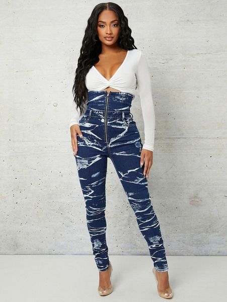 

sxy highest-rise marbled skinny jeans 69cn#, Blue