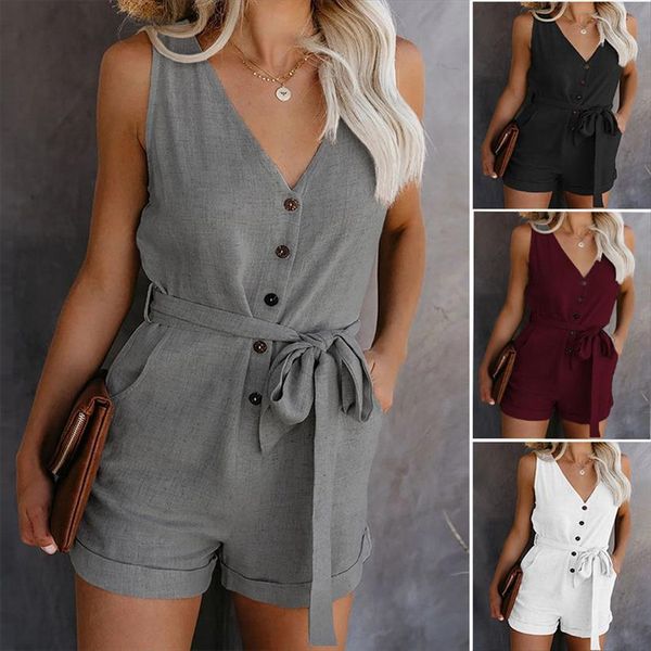 

summer clothes off shoulder women jumpsuit belted tunic sleeveles playsuit solid casual v neck short home dropshipping, Black;white