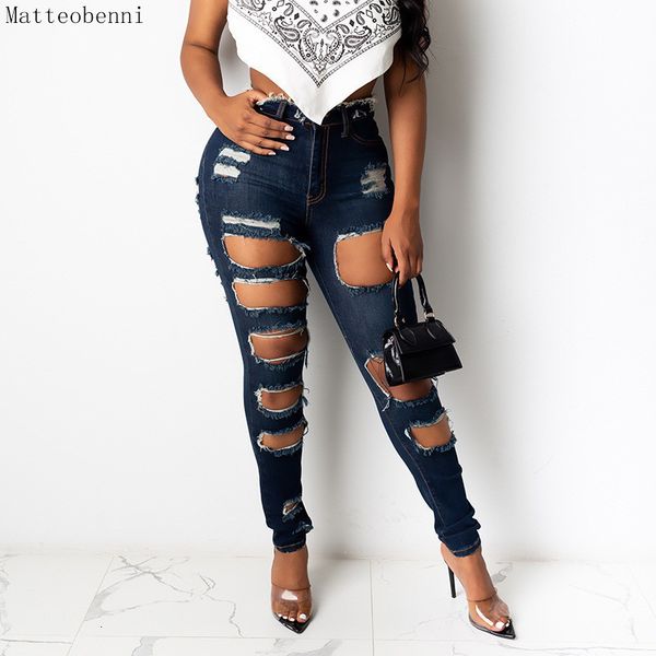 

2021 new high waist ny autumn women fashion destroyed denim lady holes pencil pants casual summer ripped jeans 7uia, Blue