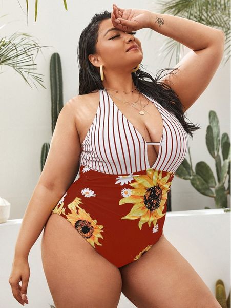 

plus striped & sunflower print halter one piece swimsuit n0rf#, Black